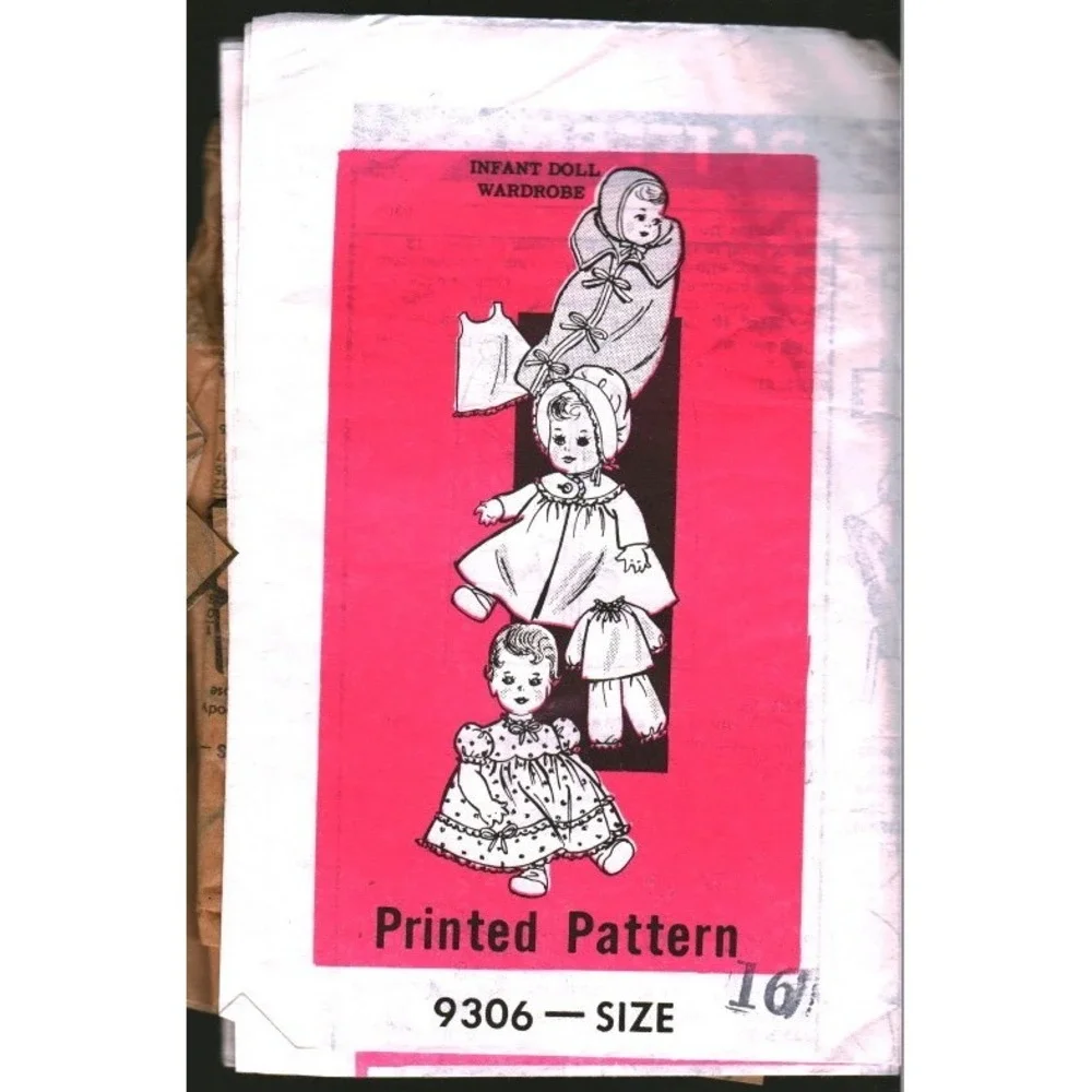 Vintage Infant Doll Wardrobe Sewing Pattern 9306 Bunting Coat Dress Pajamas 16in